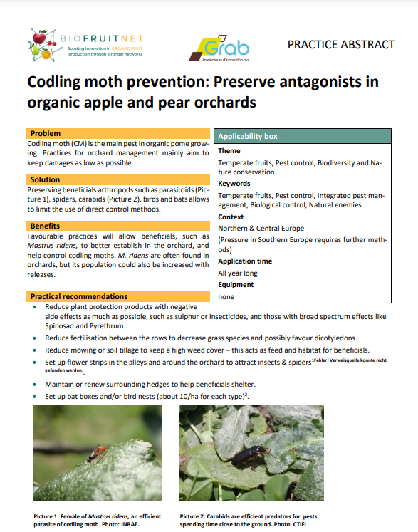 Codling moth prevention Preserve antagonists in organic apple and pear